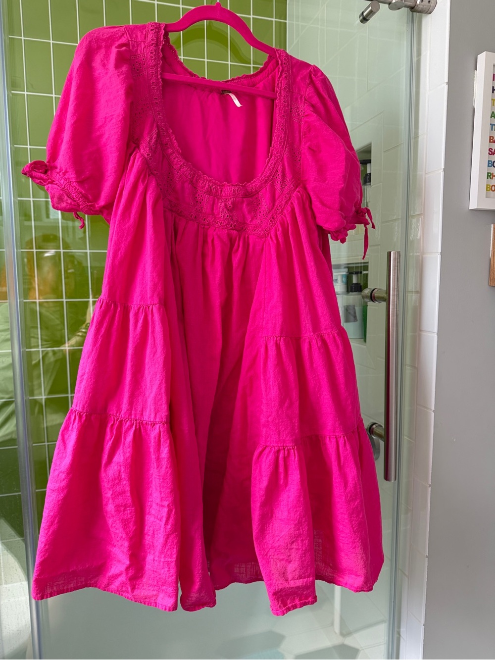 Free People Hot Pink Tiered Dress with Puff-Sleeves - Picture 1 of 8